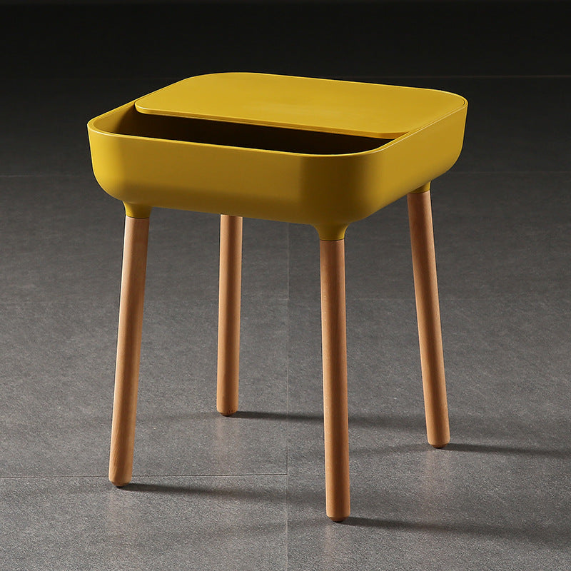 Contemporary Scandinavian Square Plastic Top With Rounded Corners Solid Wood Side Table 1-Storage For Living Room