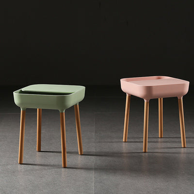 Contemporary Scandinavian Square Plastic Top With Rounded Corners Solid Wood Side Table 1-Storage For Living Room