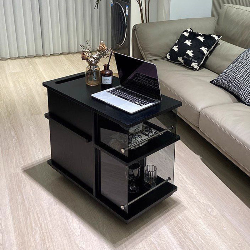 Contemporary Simplicity Rectangular Solid Wood Multifunctional Storage Cabinet End Table 2-Tier Rolling Cart For Living Room