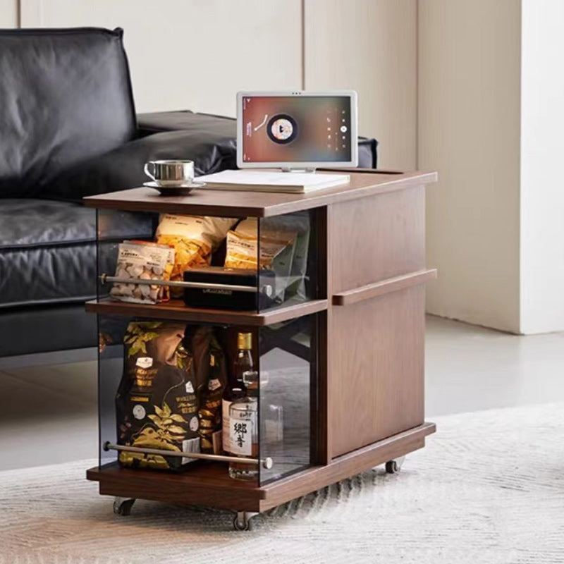 Contemporary Simplicity Rectangular Solid Wood Multifunctional Storage Cabinet End Table 2-Tier Rolling Cart For Living Room