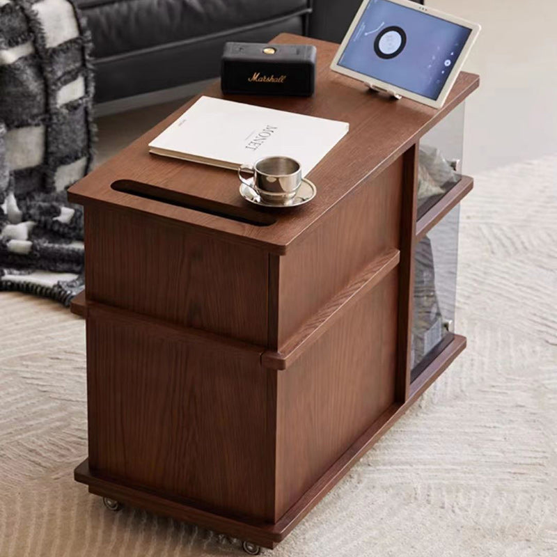 Contemporary Simplicity Rectangular Solid Wood Multifunctional Storage Cabinet End Table 2-Tier Rolling Cart For Living Room