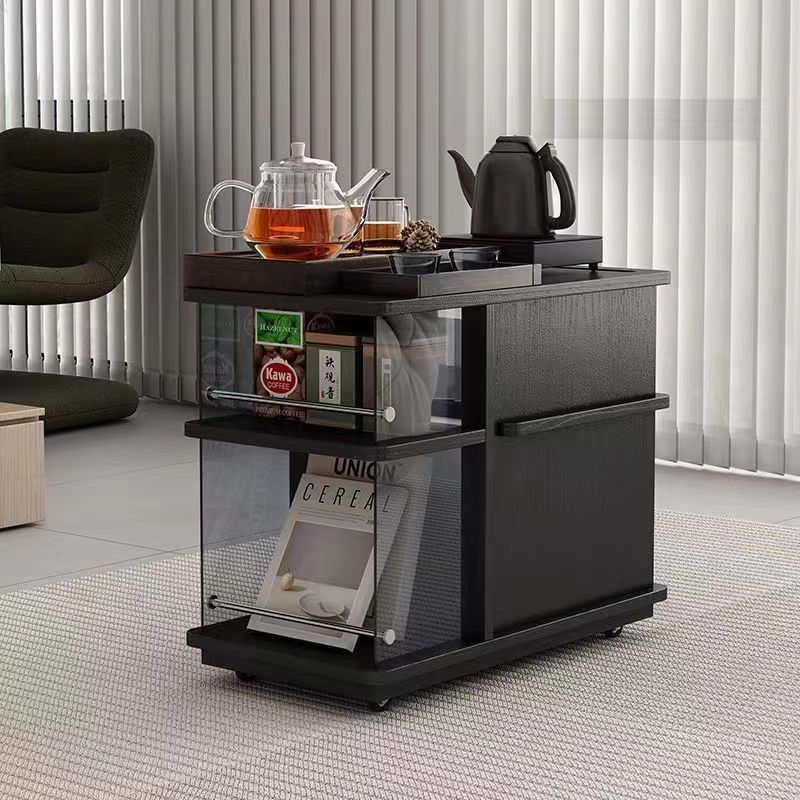 Contemporary Simplicity Rectangular Solid Wood Multifunctional Storage Cabinet End Table 2-Tier Rolling Cart For Living Room
