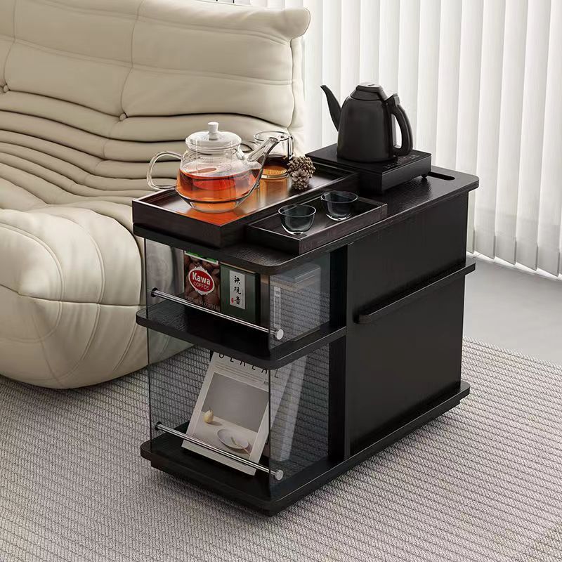 Contemporary Simplicity Rectangular Solid Wood Multifunctional Storage Cabinet End Table 2-Tier Rolling Cart For Living Room
