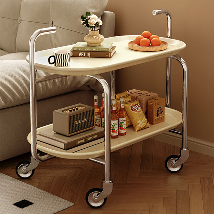 Moderner ovaler Mid-Century-Endtisch aus ABS und Eisen mit zwei Ebenen und Rollen für das Wohnzimmer 