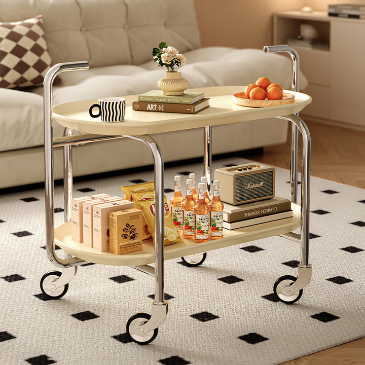 Moderner ovaler Mid-Century-Endtisch aus ABS und Eisen mit zwei Ebenen und Rollen für das Wohnzimmer 