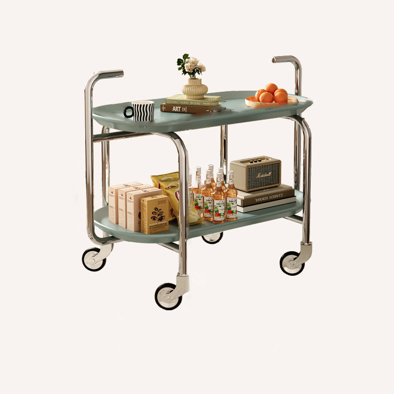 Moderner Mid-Century Ovaler ABS Tablettoberteil Edelstahl Beistelltisch 2-stufiger Rollwagen für Wohnzimmer 