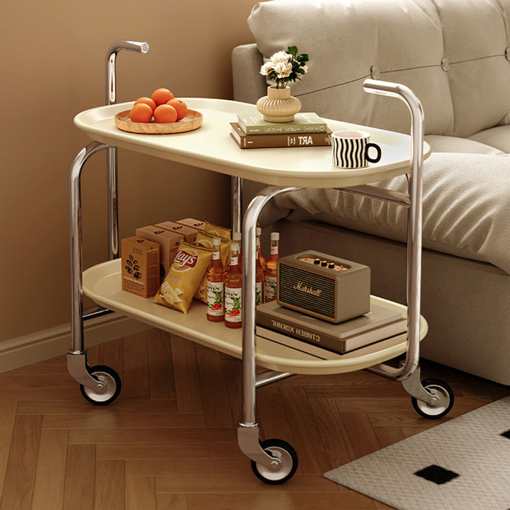 Moderner ovaler Mid-Century-Endtisch aus ABS und Eisen mit zwei Ebenen und Rollen für das Wohnzimmer 