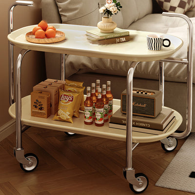 Moderner Mid-Century Ovaler ABS Tablettoberteil Edelstahl Beistelltisch 2-stufiger Rollwagen für Wohnzimmer 