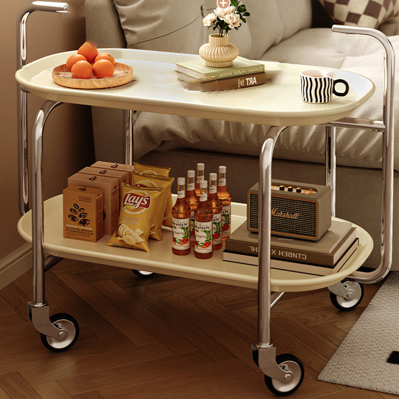 Moderner Mid-Century Ovaler ABS Tablettoberteil Edelstahl Beistelltisch 2-stufiger Rollwagen für Wohnzimmer 