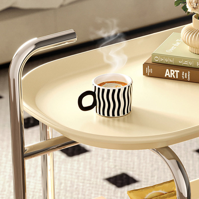 Moderner Mid-Century Ovaler ABS Tablettoberteil Edelstahl Beistelltisch 2-stufiger Rollwagen für Wohnzimmer 