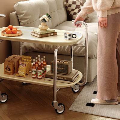 Moderner Mid-Century Ovaler ABS Tablettoberteil Edelstahl Beistelltisch 2-stufiger Rollwagen für Wohnzimmer 