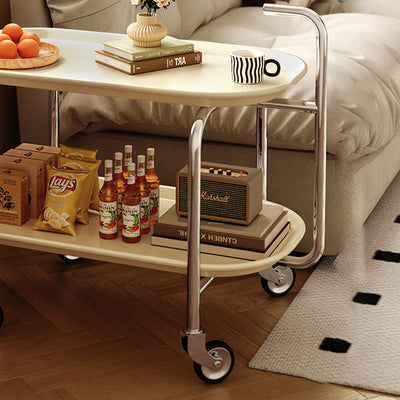 Moderner Mid-Century Ovaler ABS Tablettoberteil Edelstahl Beistelltisch 2-stufiger Rollwagen für Wohnzimmer 