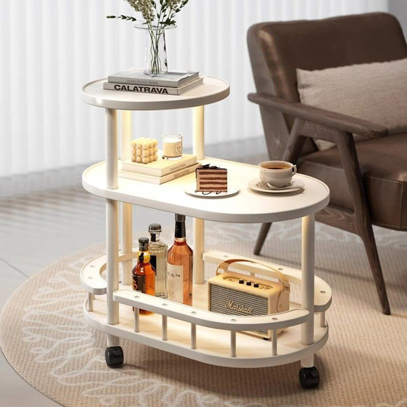 Traditional Japanese Solid Wood Oval End Table 3-Tier Rolling Cart For Living Room