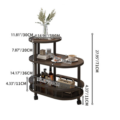 Traditional Japanese Solid Wood Oval End Table 3-Tier Rolling Cart For Living Room