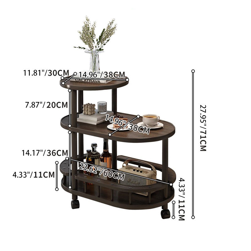 Traditional Japanese Solid Wood Oval End Table 3-Tier Rolling Cart For Living Room