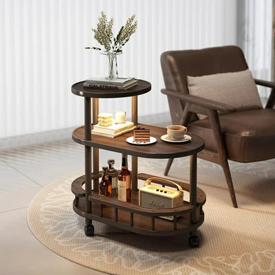 Traditional Japanese Solid Wood Oval End Table 3-Tier Rolling Cart For Living Room