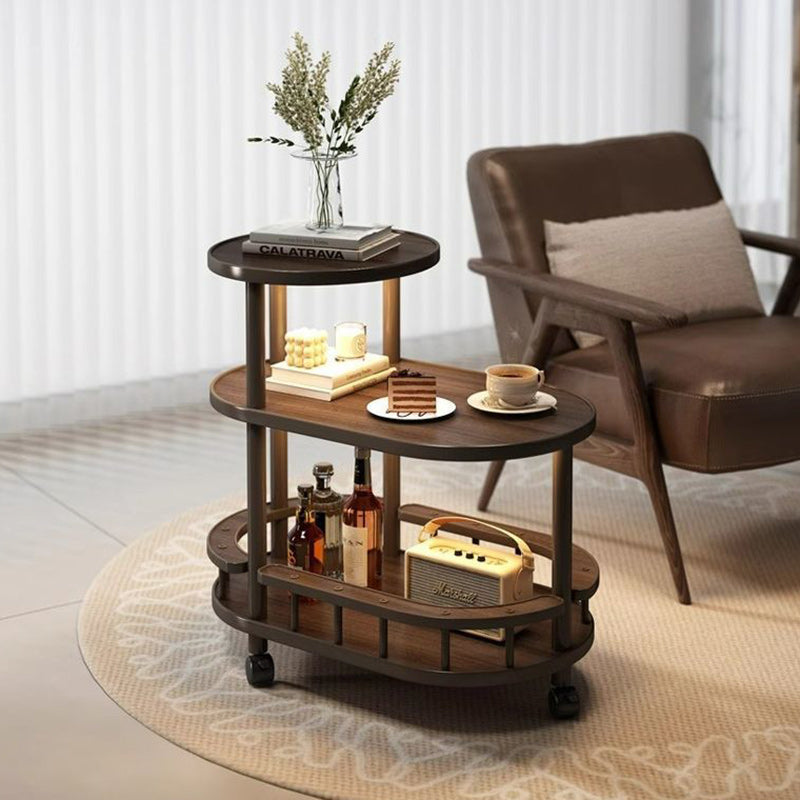 Traditional Japanese Solid Wood Oval End Table 3-Tier Rolling Cart For Living Room