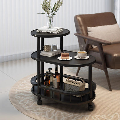 Traditional Japanese Solid Wood Oval End Table 3-Tier Rolling Cart For Living Room