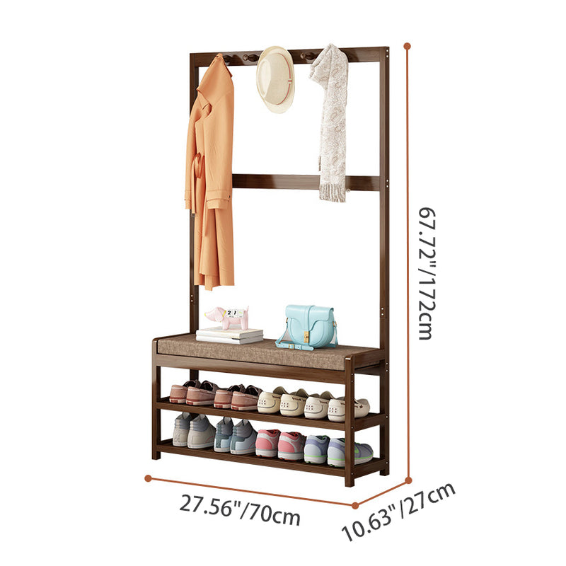 Contemporary Retro 2-In-1 Composite Hall Tree Decorative Coat Rack With Hooks, Bench & Shoe Storage For Entryway
