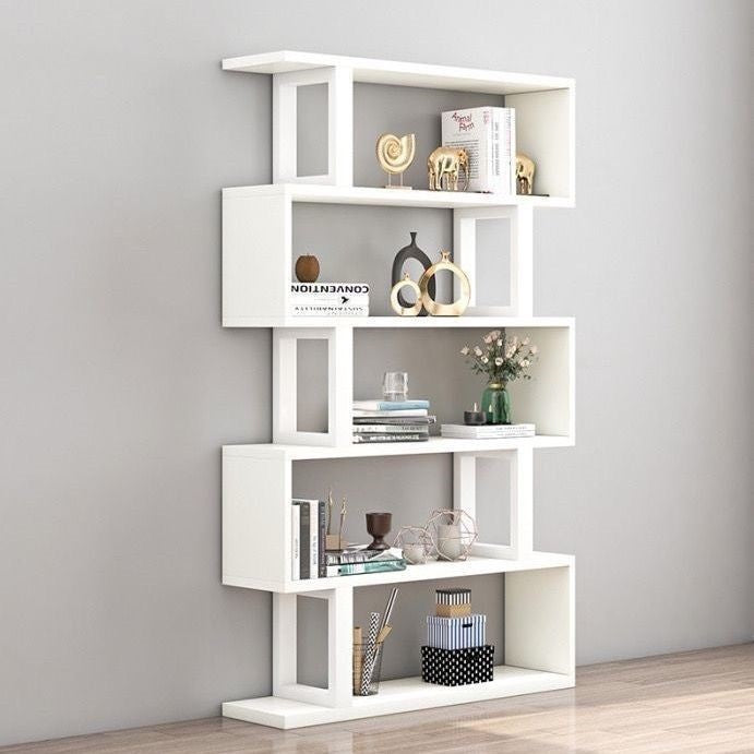 Bibliothèques verticales géométriques scandinaves contemporaines en MDF et acier, étagères ouvertes à 3/4/5/6 niveaux avec dos ouvert, pour bureau à domicile 