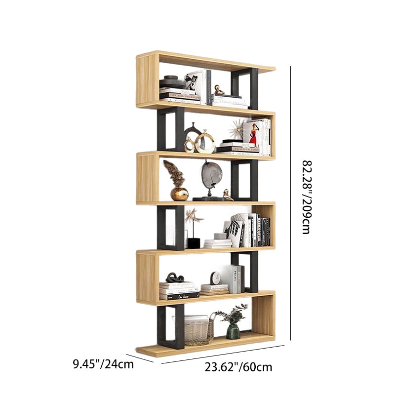 أرفف كتب خشبية فولاذية طبيعية عمودية هندسية اسكندنافية معاصرة 3/4/5/6 طبقات تصميم مفتوح الظهر لأرفف قائمة للمكتب المنزلي 