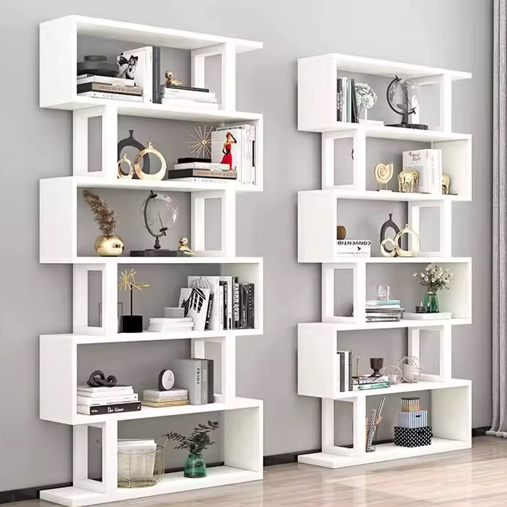 Bibliothèques verticales géométriques scandinaves contemporaines en MDF et acier, étagères ouvertes à 3/4/5/6 niveaux avec dos ouvert, pour bureau à domicile 