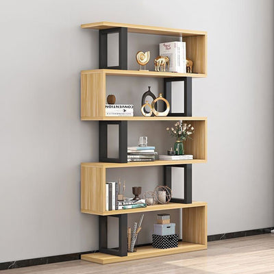 أرفف كتب خشبية فولاذية طبيعية عمودية هندسية اسكندنافية معاصرة 3/4/5/6 طبقات تصميم مفتوح الظهر لأرفف قائمة للمكتب المنزلي 