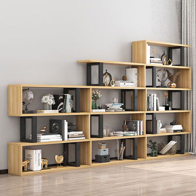 أرفف كتب خشبية فولاذية طبيعية عمودية هندسية اسكندنافية معاصرة 3/4/5/6 طبقات تصميم مفتوح الظهر لأرفف قائمة للمكتب المنزلي 