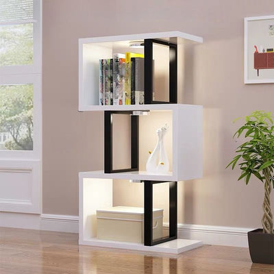 أرفف كتب خشبية فولاذية طبيعية عمودية هندسية اسكندنافية معاصرة 3/4/5/6 طبقات تصميم مفتوح الظهر لأرفف قائمة للمكتب المنزلي 