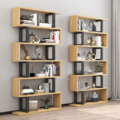 أرفف كتب خشبية فولاذية طبيعية عمودية هندسية اسكندنافية معاصرة 3/4/5/6 طبقات تصميم مفتوح الظهر لأرفف قائمة للمكتب المنزلي 