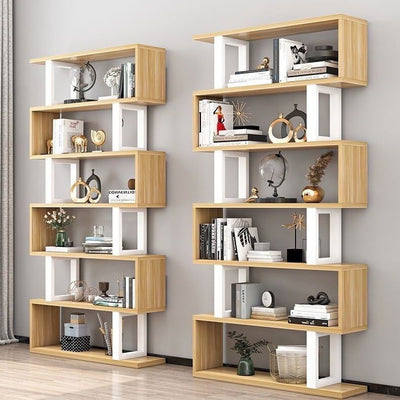 أرفف كتب خشبية فولاذية طبيعية عمودية هندسية اسكندنافية معاصرة 3/4/5/6 طبقات تصميم مفتوح الظهر لأرفف قائمة للمكتب المنزلي 