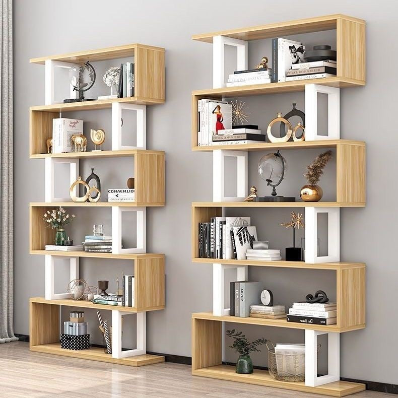 أرفف كتب خشبية فولاذية طبيعية عمودية هندسية اسكندنافية معاصرة 3/4/5/6 طبقات تصميم مفتوح الظهر لأرفف قائمة للمكتب المنزلي 
