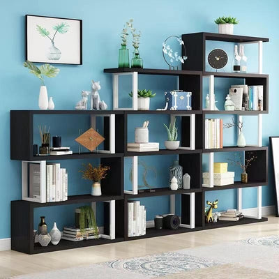 أرفف كتب خشبية فولاذية طبيعية عمودية هندسية اسكندنافية معاصرة 3/4/5/6 طبقات تصميم مفتوح الظهر لأرفف قائمة للمكتب المنزلي 