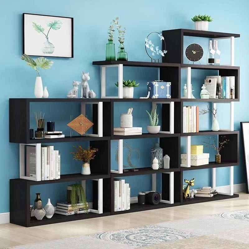 أرفف كتب خشبية فولاذية طبيعية عمودية هندسية اسكندنافية معاصرة 3/4/5/6 طبقات تصميم مفتوح الظهر لأرفف قائمة للمكتب المنزلي 