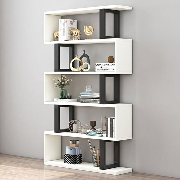 Bibliothèques verticales géométriques scandinaves contemporaines en MDF et acier, étagères ouvertes à 3/4/5/6 niveaux avec dos ouvert, pour bureau à domicile 