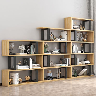أرفف كتب خشبية فولاذية طبيعية عمودية هندسية اسكندنافية معاصرة 3/4/5/6 طبقات تصميم مفتوح الظهر لأرفف قائمة للمكتب المنزلي 