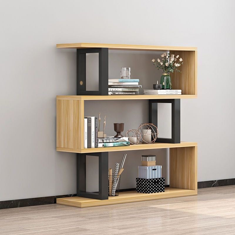 أرفف كتب خشبية فولاذية طبيعية عمودية هندسية اسكندنافية معاصرة 3/4/5/6 طبقات تصميم مفتوح الظهر لأرفف قائمة للمكتب المنزلي 