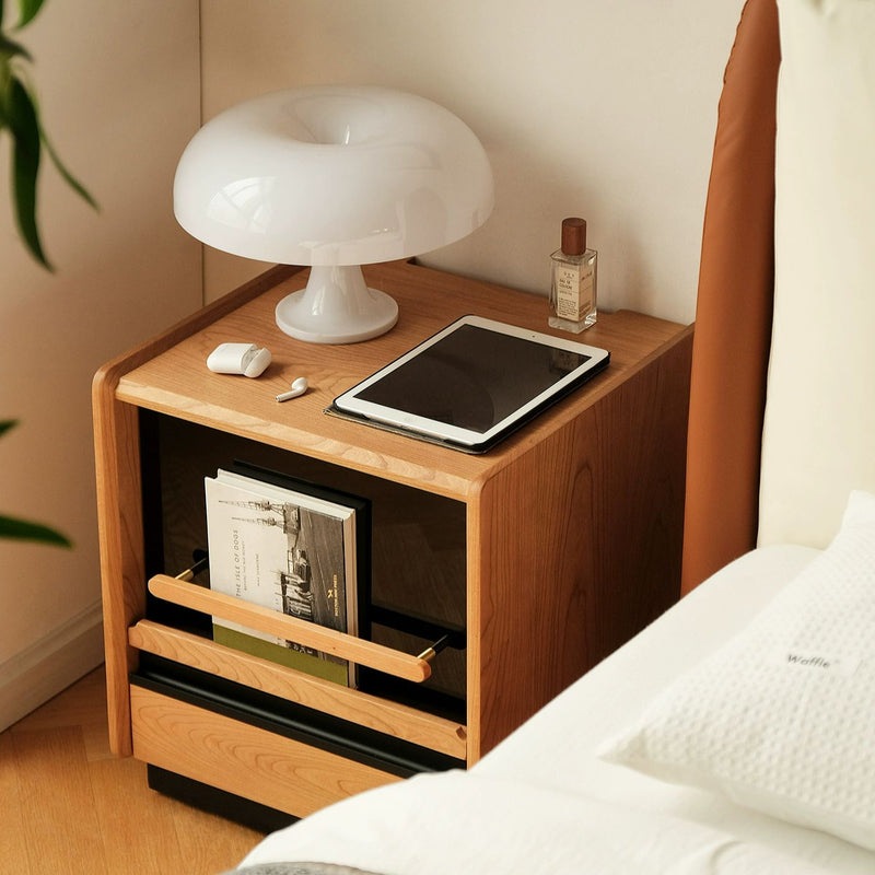Table de nuit contemporaine rétro avec plateau en pierre frittée et cadre en bois de cerisier 1-tiroir pour chambre 