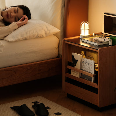 Table de nuit contemporaine rétro avec plateau en pierre frittée et cadre en bois de cerisier 1-tiroir pour chambre 