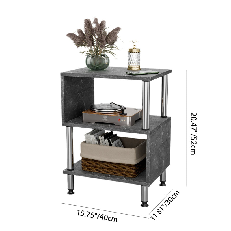 Contemporary Luxury Marble-Patterned Solid Wood Top Stainless Steel Tube Side Table 3-Tier For Living Room