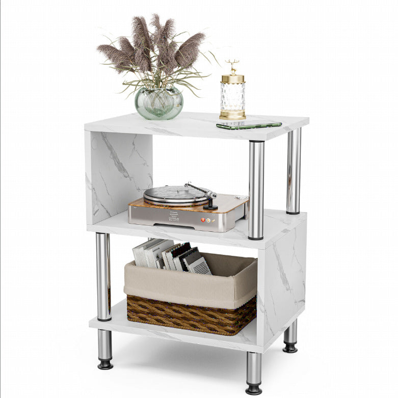 Contemporary Luxury Marble-Patterned Solid Wood Top Stainless Steel Tube Side Table 3-Tier For Living Room