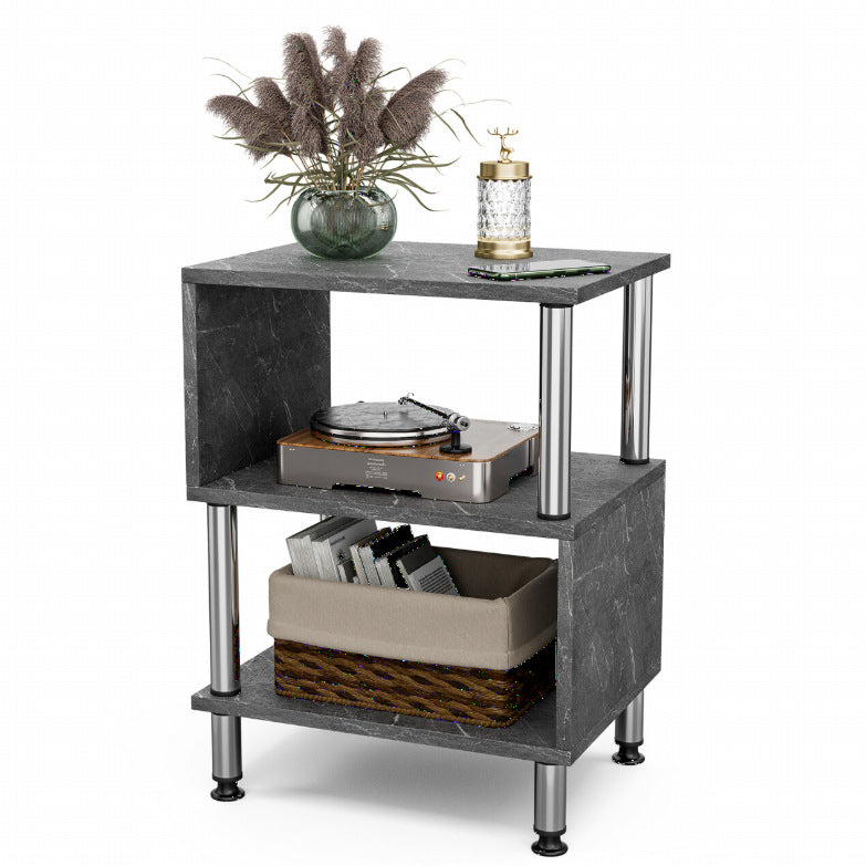 Contemporary Luxury Marble-Patterned Solid Wood Top Stainless Steel Tube Side Table 3-Tier For Living Room