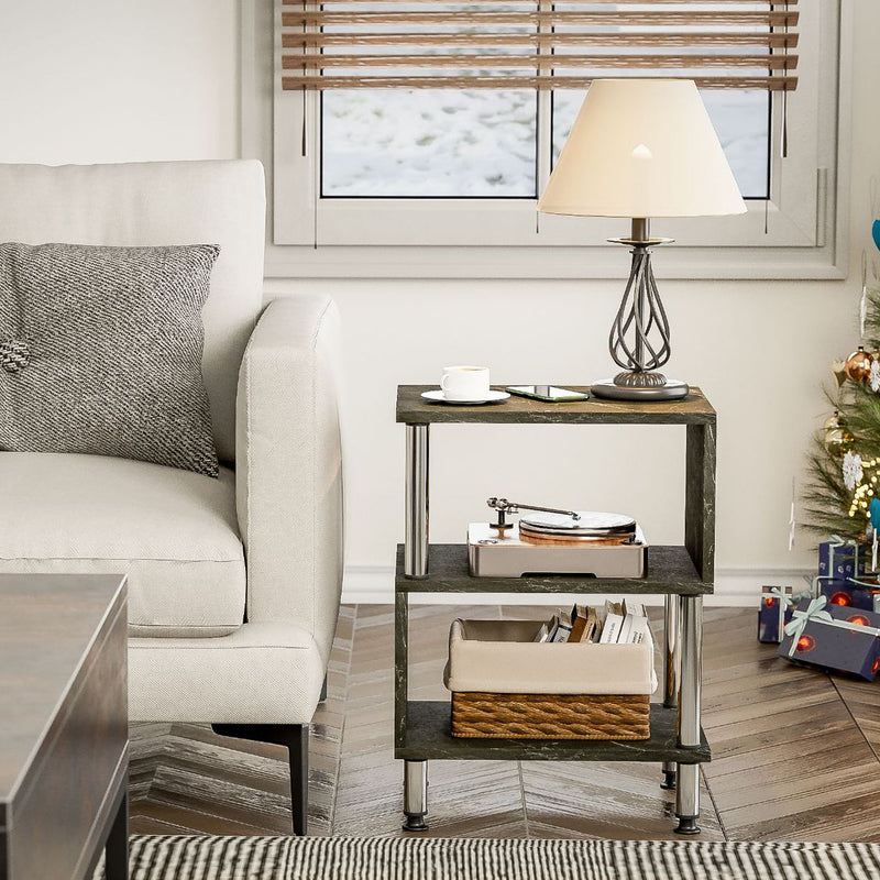 Contemporary Luxury Marble-Patterned Solid Wood Top Stainless Steel Tube Side Table 3-Tier For Living Room