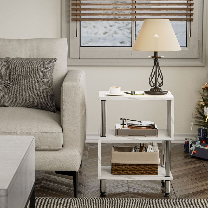 Contemporary Luxury Marble-Patterned Solid Wood Top Stainless Steel Tube Side Table 3-Tier For Living Room