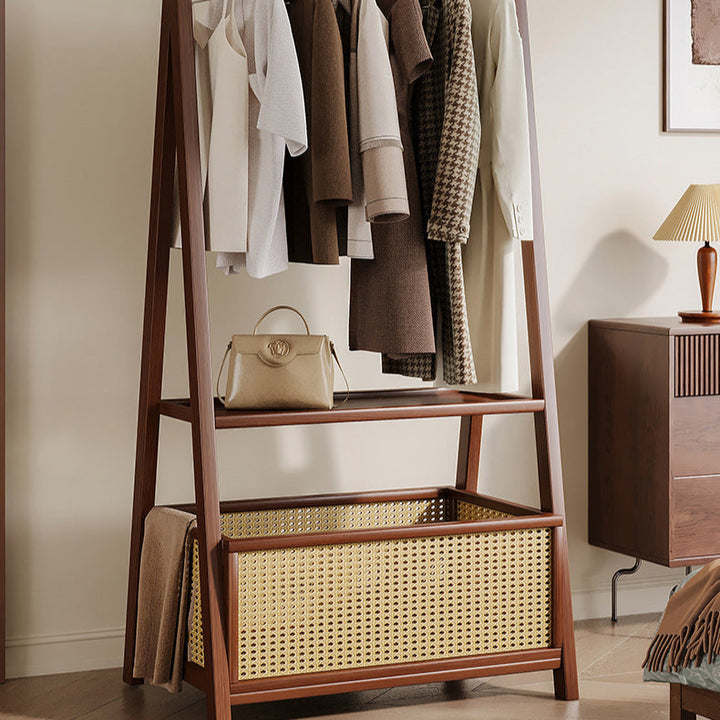 Contemporary Retro Trapezoidal Multifunctional Nan Bamboo Hall Tree Coat Rack With Wheels &amp; Plastic Rattan Laundry Basket For Entryway