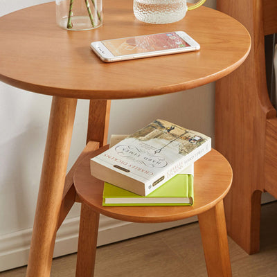 Traditional Japanese Solid Wood Round Top End Table 2-Tier Storage Shelves For Living Room