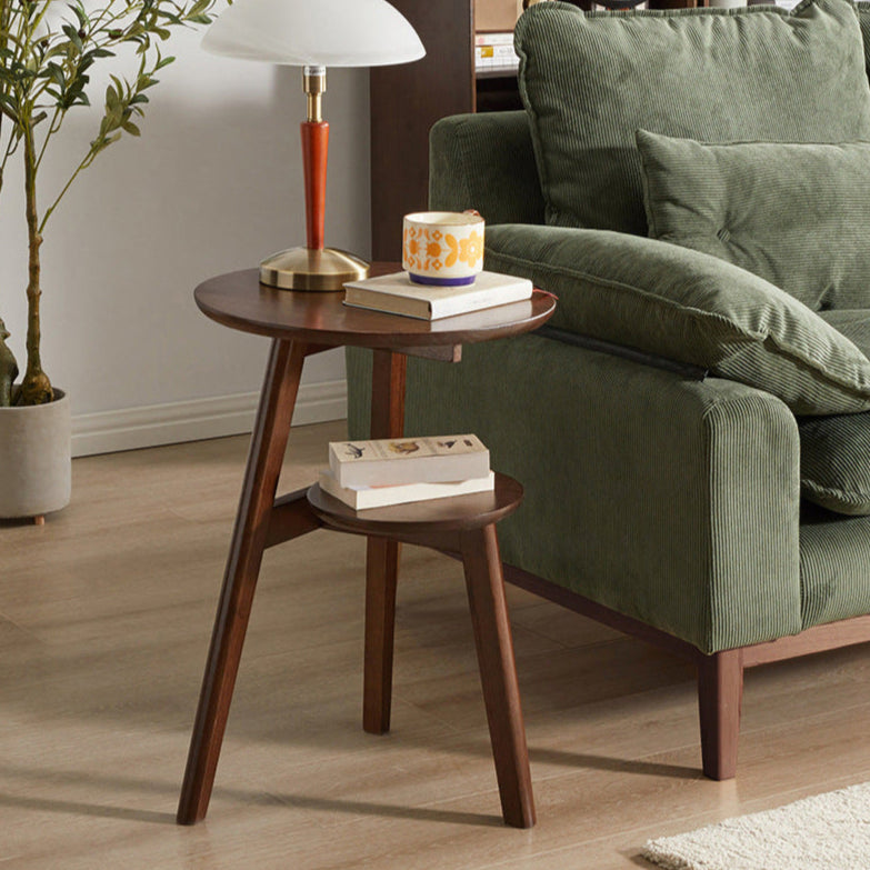 Traditional Japanese Solid Wood Round Top End Table 2-Tier Storage Shelves For Living Room