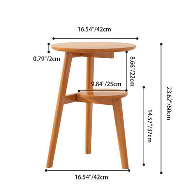 Traditional Japanese Solid Wood Round Top End Table 2-Tier Storage Shelves For Living Room