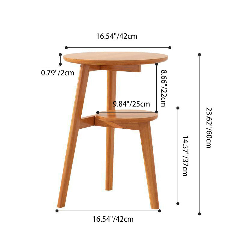Traditional Japanese Solid Wood Round Top End Table 2-Tier Storage Shelves For Living Room