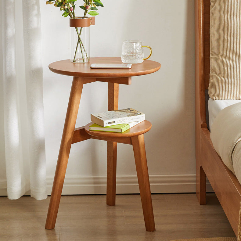 Traditional Japanese Solid Wood Round Top End Table 2-Tier Storage Shelves For Living Room